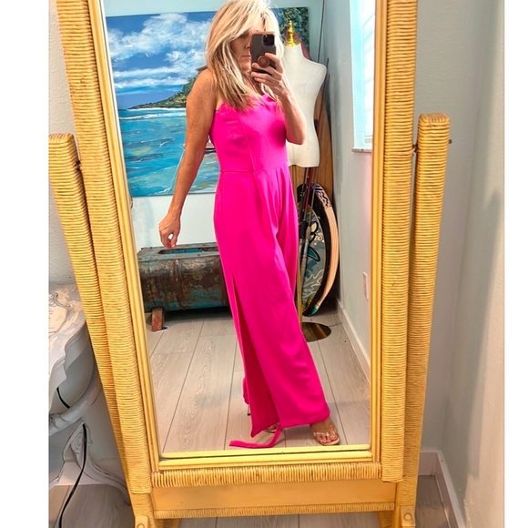 Lucy Paris,Striking Natalie Strapless Fuchsia Wide-Leg Jumpsuit EUC Size Medium - Picture 2 of 5